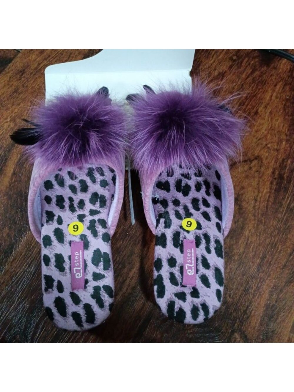 EZ Step Purple Fuzzy Open-Toe Slippers With Animal Print & Pom Pom Accents - Picture 3 of 5